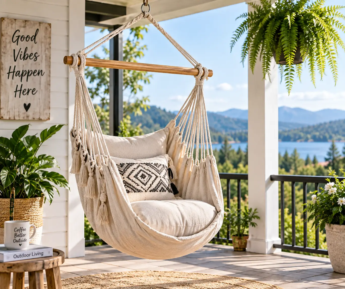 Hanging hammock swing with plush cushion on a sunny outdoor porch overlooking a lake