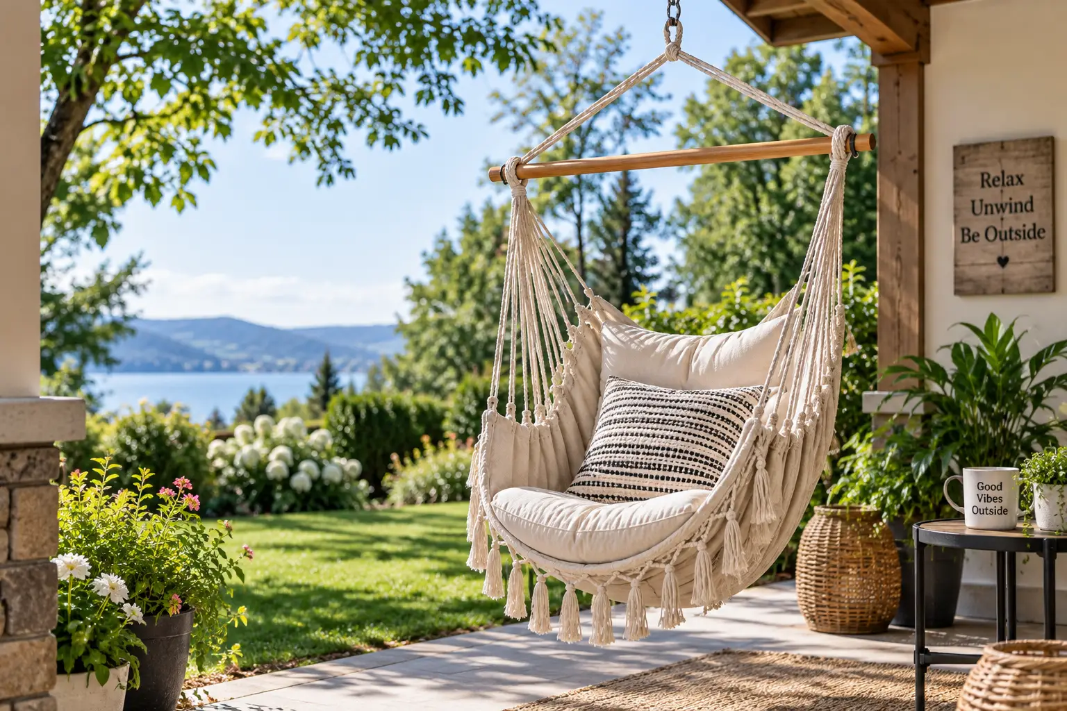 Hanging outdoor hammock chair with a cushioned seat on a sunny covered porch overlooking a garden
