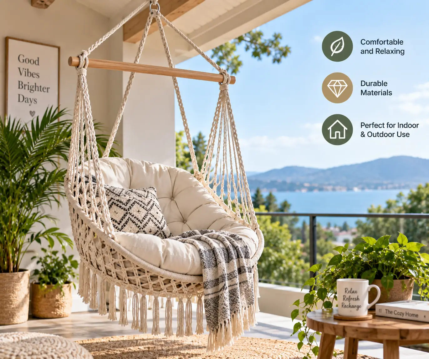 Hanging swing chair hammock with cushioned seat and macrame design on a sunny covered patio