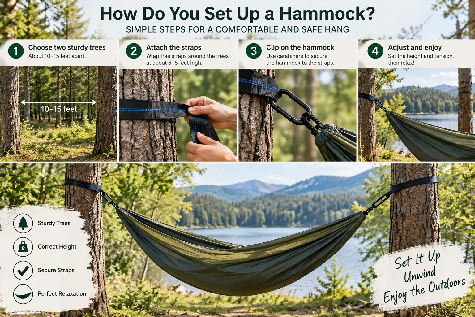 How to set up a hammock using tree straps and carabiners between two sturdy trees outdoors