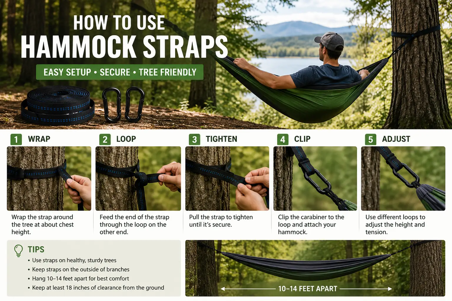 How to use hammock straps by wrapping, securing, and adjusting straps around trees