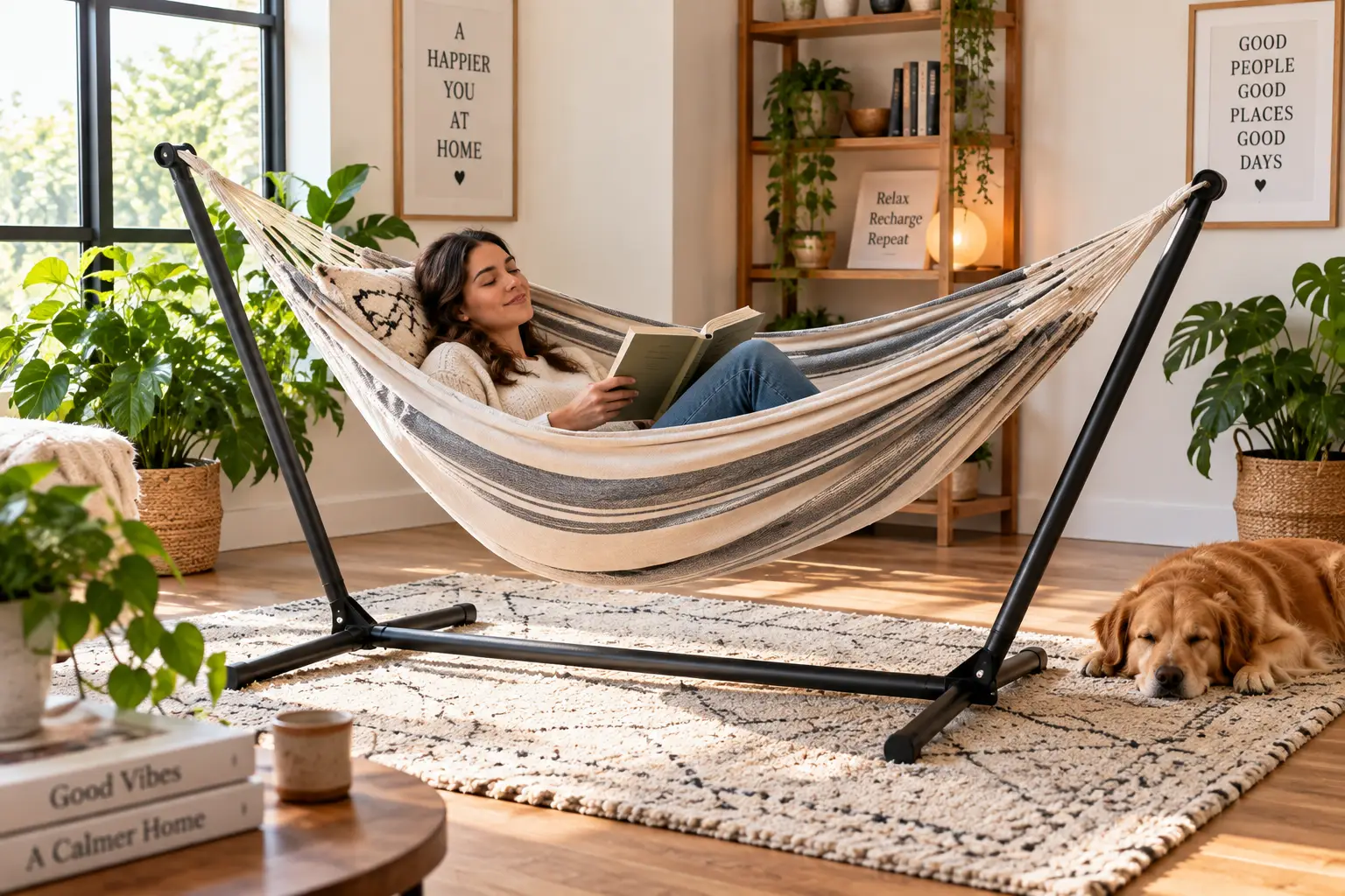 Indoor hammock on a freestanding hammock stand in a cozy modern living room