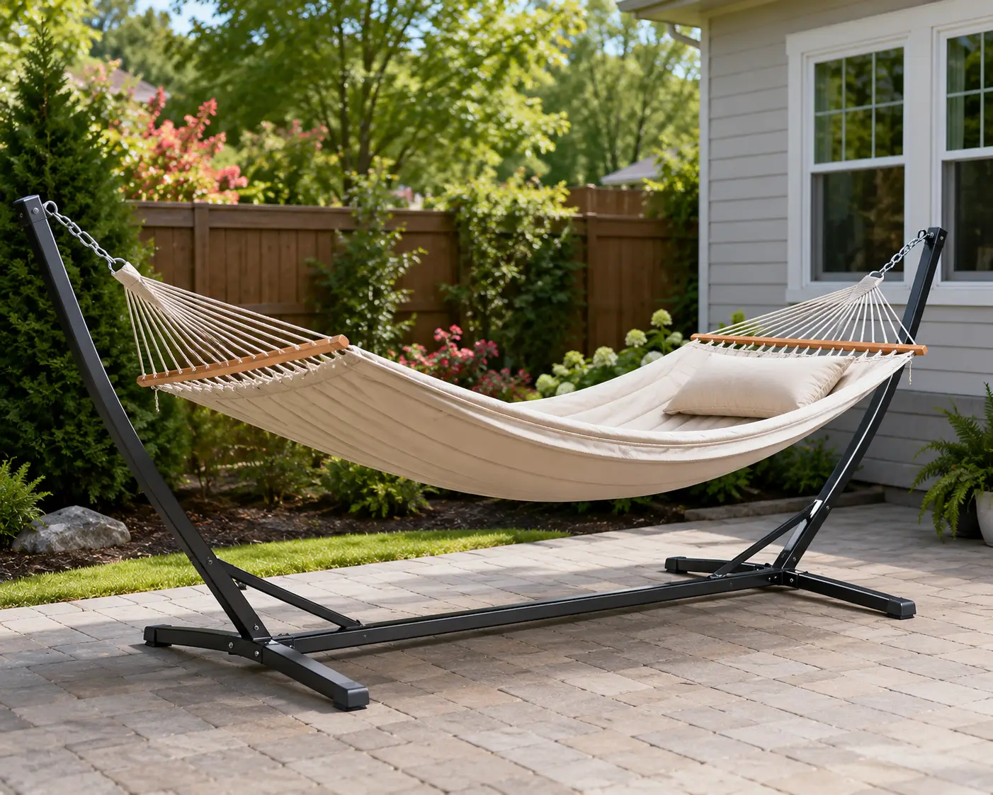 Metal frame hammock with a beige quilted fabric bed and wooden spreader bars on a sturdy freestanding frame in a sunny backyard.