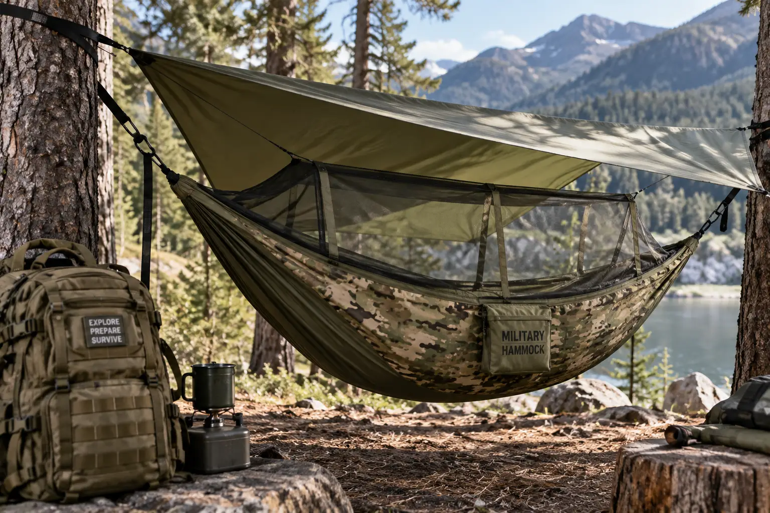 Military hammock with camouflage fabric, mosquito net, and rainfly set up at a forest campsite
