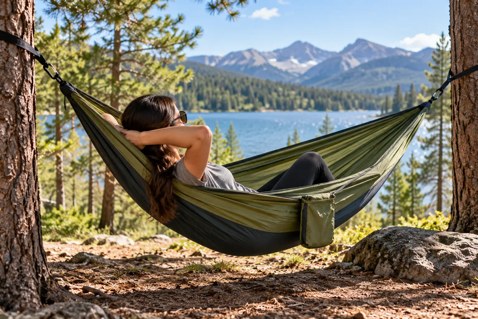 One person hammock set between trees with a woman relaxing beside a scenic mountain lake