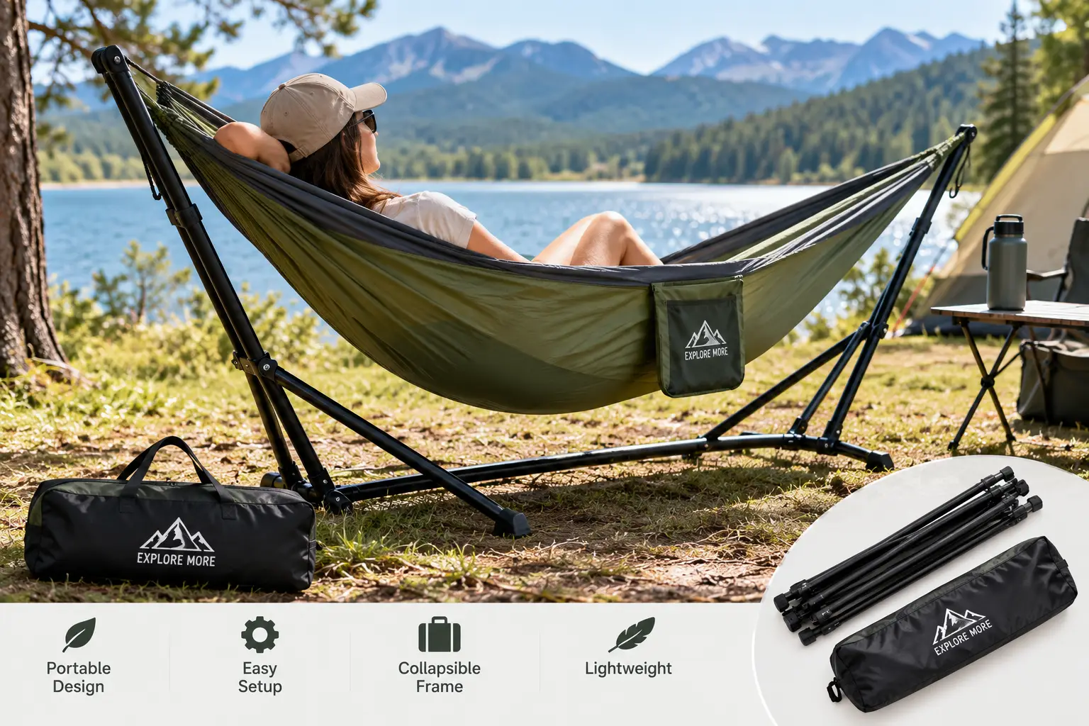 Portable collapsible hammock with a lightweight folding stand set up beside a scenic mountain lake