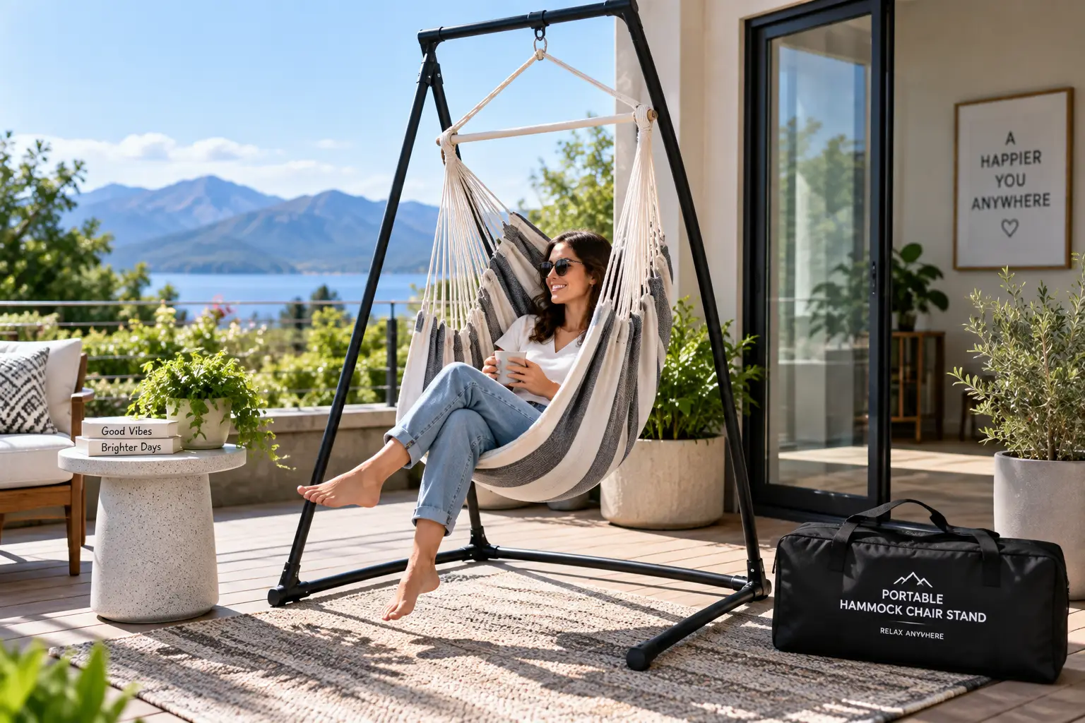 Portable hammock chair stand with a striped hanging chair on a sunny outdoor deck overlooking a mountain lake