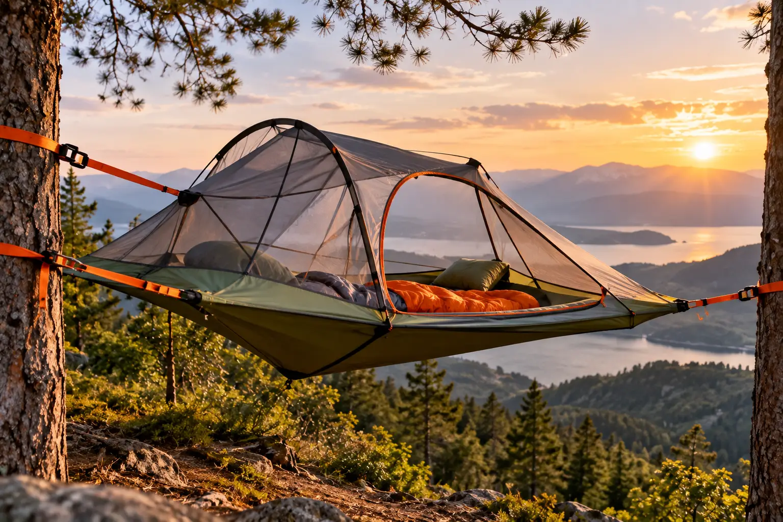 Suspension tent hanging between trees on a mountain trail with a scenic lake and sunset landscape