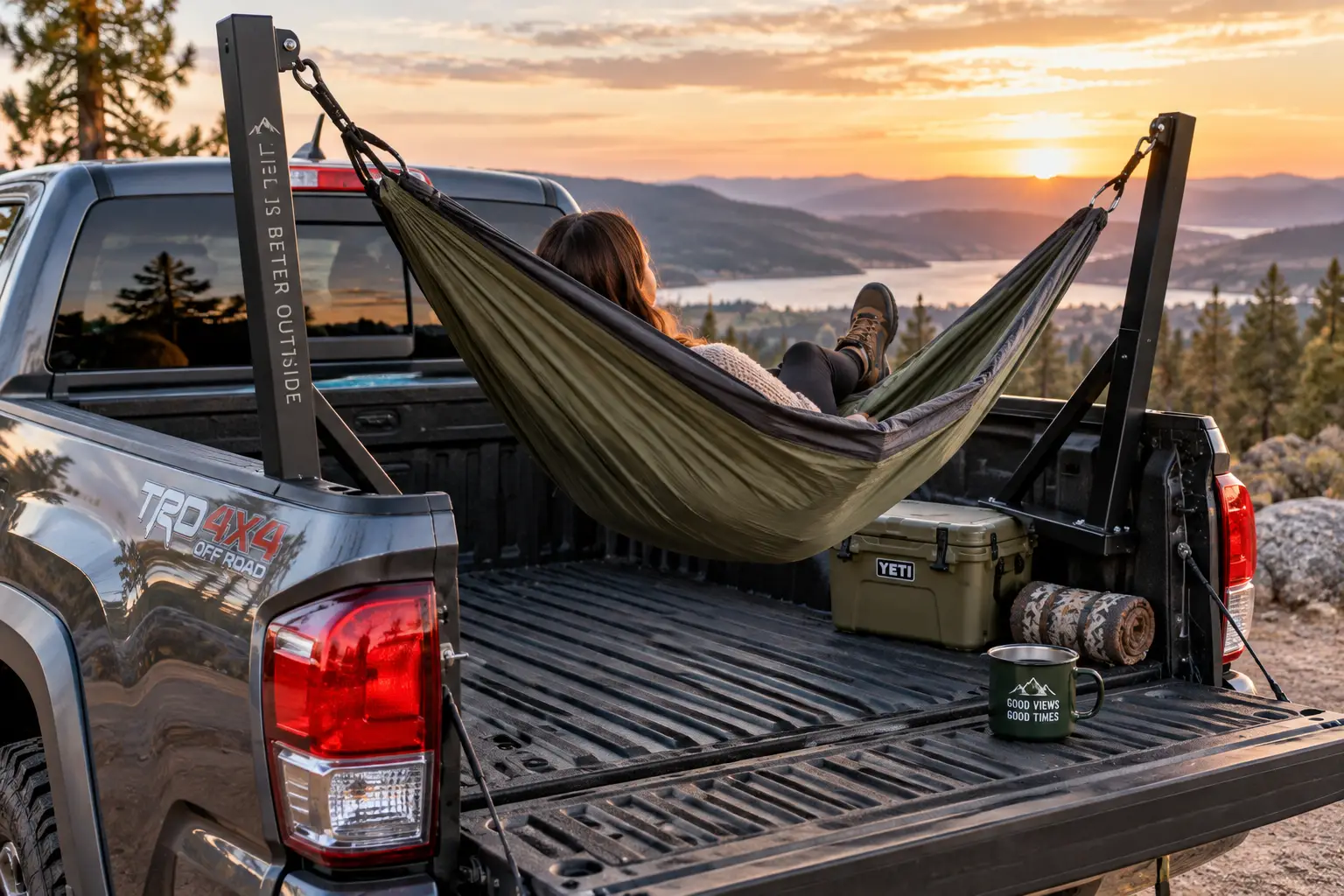 Truck hammock stand supporting a camping hammock in the bed of a pickup truck overlooking a mountain lake