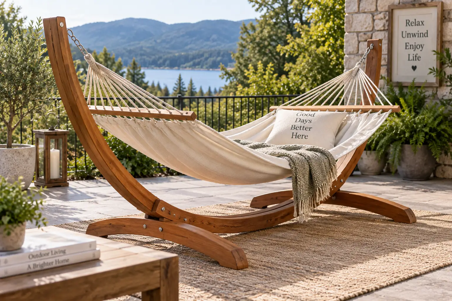 Wooden hammock frame supporting a comfortable cream canvas hammock on a sunny patio
